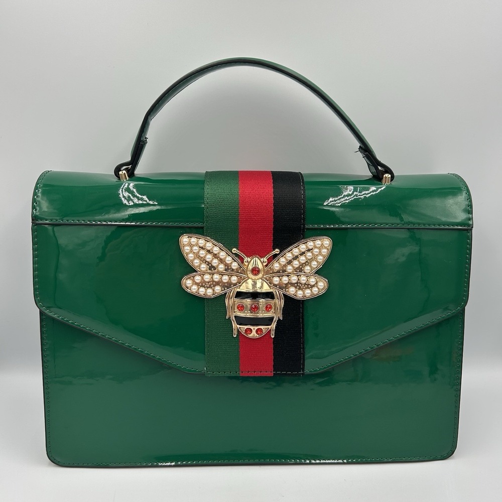 Bee Embellished Satchel Crossbody Glossy Green Retro Statement Bag